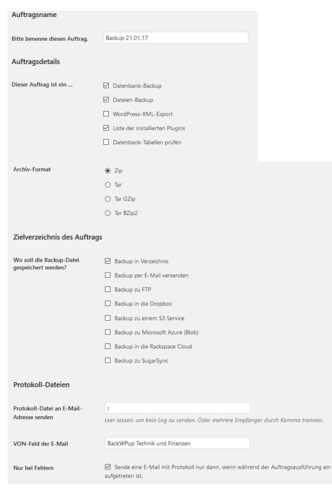wordpress backup Einstellungen mit WP Backup