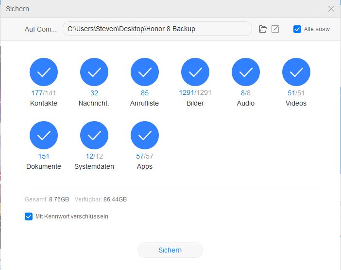 HiSuite Backup des Honor 8