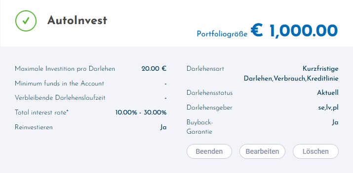 My ViaInvest Autoinvest Settings April 2021