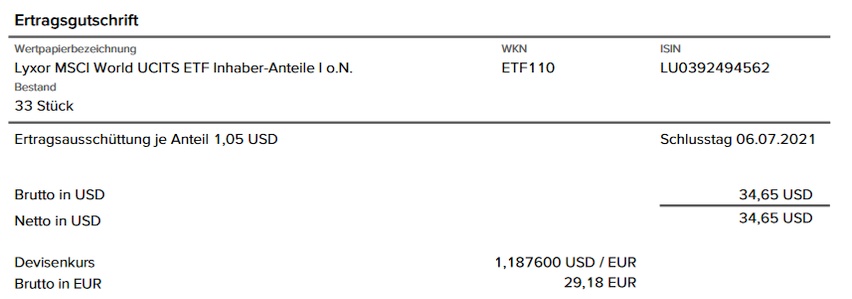 Lyxor Ausschüttungen 2021 - MSCI World ETF Dividende